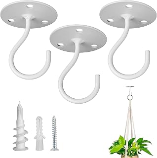 Ceiling Hooks for Hanging Plants 3 Pack, Plant Hanger Indoor Hanging Hooks | Metal Heavy Duty Wall Mounted Hangers for Hanging Bird Feeders, Planters, Wind Chimes, Include Drywall Anchors,White