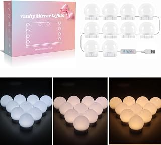 Akynite Hollywood Mirror Lights Stick on 10 Bulbs, USB Cable Adjustable, 3 Colour Changing and 10 Brightness, LED Vanity Mirror Lamp Dimmable, Makeup Lights for Dressing Table (No Adapter)
