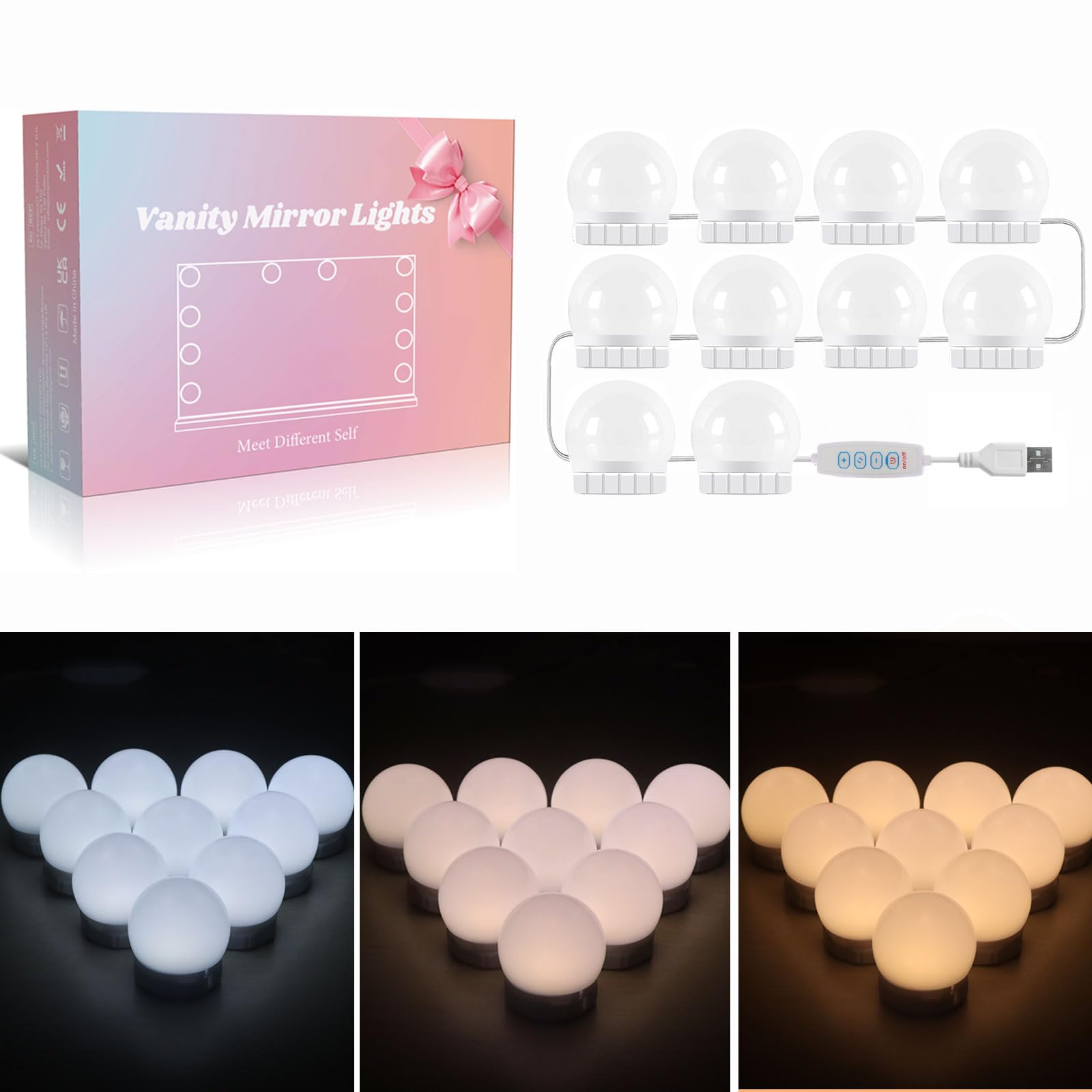 Akynite Hollywood Mirror Lights Stick on 10 Bulbs, USB Cable Adjustable, 3 Colou