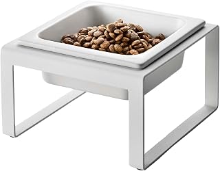 Yamazaki Home Tower Raised Ceramic Pet Food Or Water Bowl with Metal Stand for Cats Or Small Dogs - Tall - 1.25