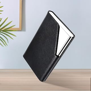 Upgraded Leather Business Card Holder for Men or Women, Slim Metal RFID Blocking Card Holder with Magnetic Closure (Black)