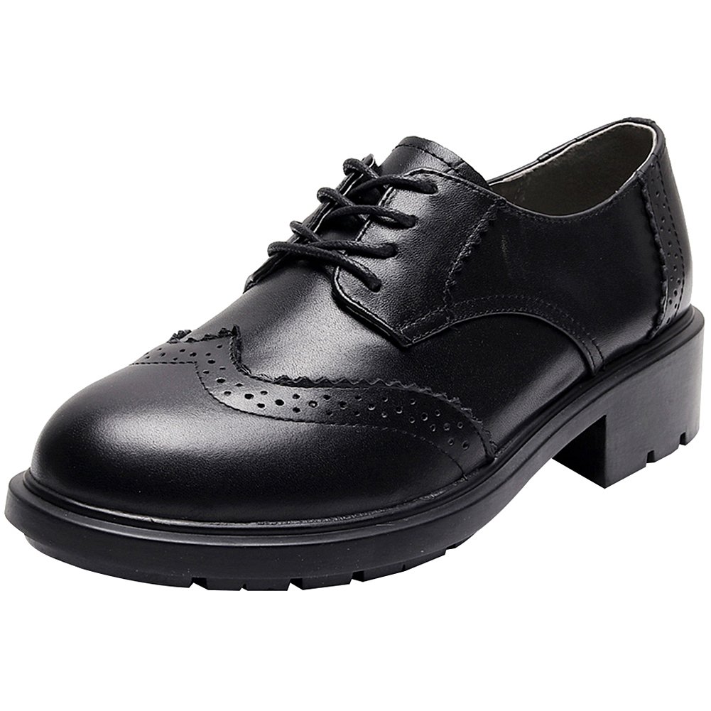 rismart Women's Round Toe Leather Brogue Oxfords Lace-up Shoes