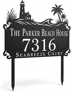 Personalized Beach House Address Sign for Yard, Custom Metal Family Name House Number Plaque with Stakes, Lighthouse Palm Tree Coastal Design, Laser Cut Weatherproof Steel, Wall or Lawn Mount