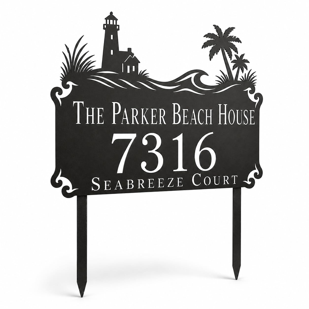 Personalized Beach House Address Sign for Yard, Custom Metal Family Name House N