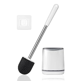 Silicone Toilet Brush with Holder,Toilet Brushes & Holders Includes 2 Quick Drying Loo Brush Heads,Deep Hygienic Toilet Cleaner Brush Set with Long Rubber Handle for Bathroom Cleaning (White)