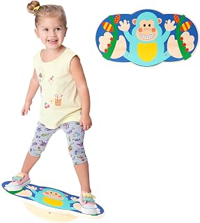 Balance Board for Kids, Wooden Wobble Rocker Board for Children, Capable of Bearing 123LB, Durable for Balance Training, Core Strength and Active Play, Bright Blue Monkey Pattern