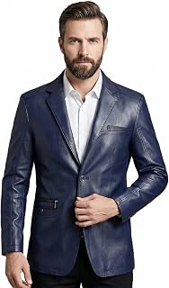 Mens Leather Blazer Business Casual Lapel Soft Leather Blazer Jackets Regular Fit 2 Buttons with Pockets