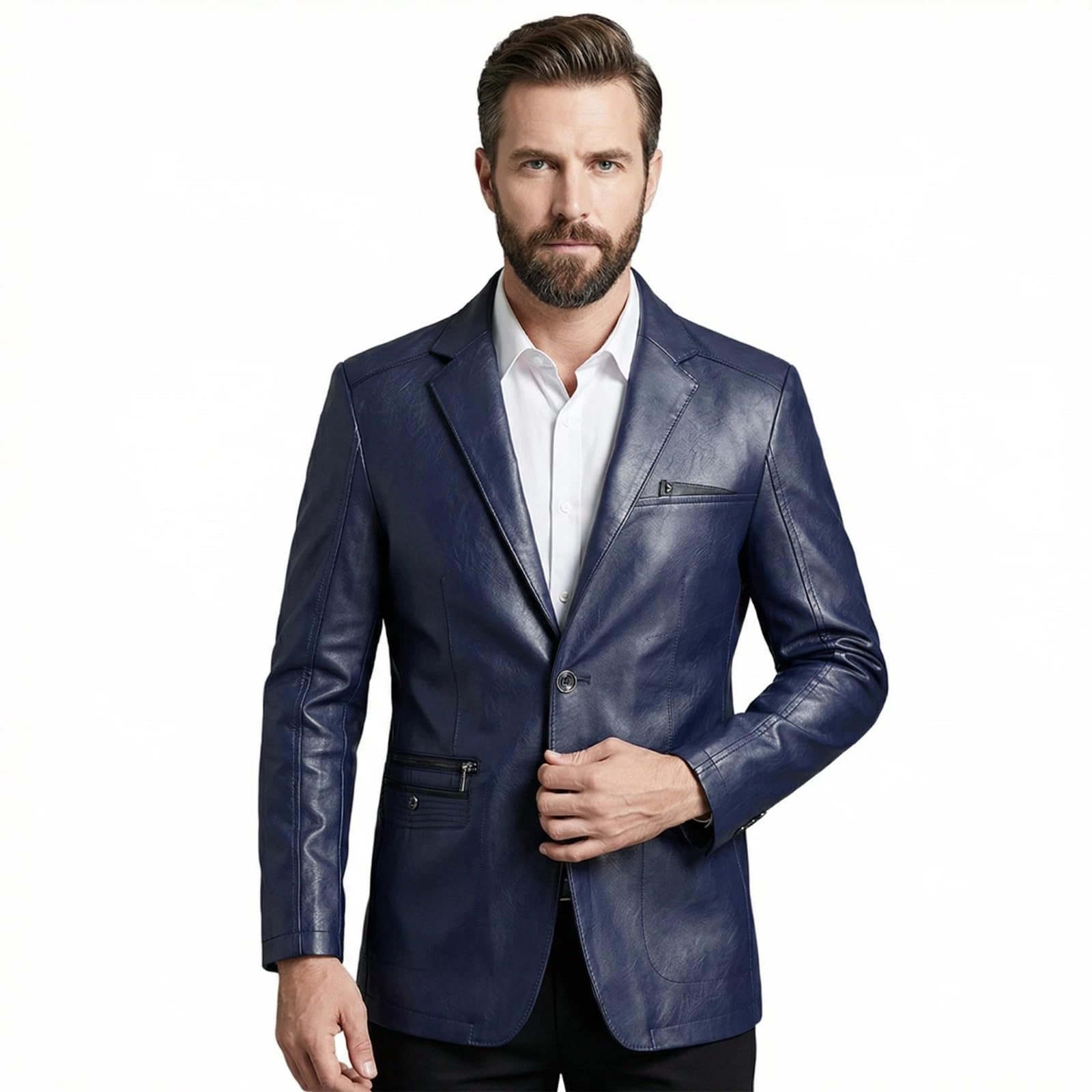 Mens Leather Blazer Business Casual Lapel Soft Leather Blazer Jackets Regular Fi