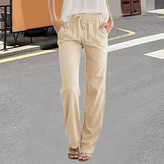 Women Linen Drawstring Pants Loose Fit High Waist Pants with Side Pockets