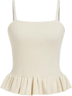 CIDER Striped Crop Peplum Tops for Women Ruffle Square Neck Knit Tops