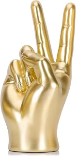 LCCCK Gold Hand Sculpture Peace Sign Decor Cool Gesture Hand Statue for Shelves Weird Gift Funky Sculpture for Desk Bookshelf TV Stand Decorative Ornaments
