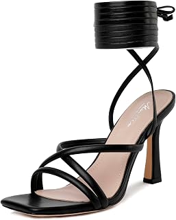 Mostrin Womens Sandals Strappy Heels for Women Ankle Strap Lace Up Heels Square Open Toe Heels Tie Up Stiletto High Heeled Sandals for Prom, Party, Daily Wear