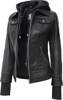 Blingsoul Womens Leather Jacket with Detachable Hood - Real Lambskin Bomber Jacket Thumbholes Women