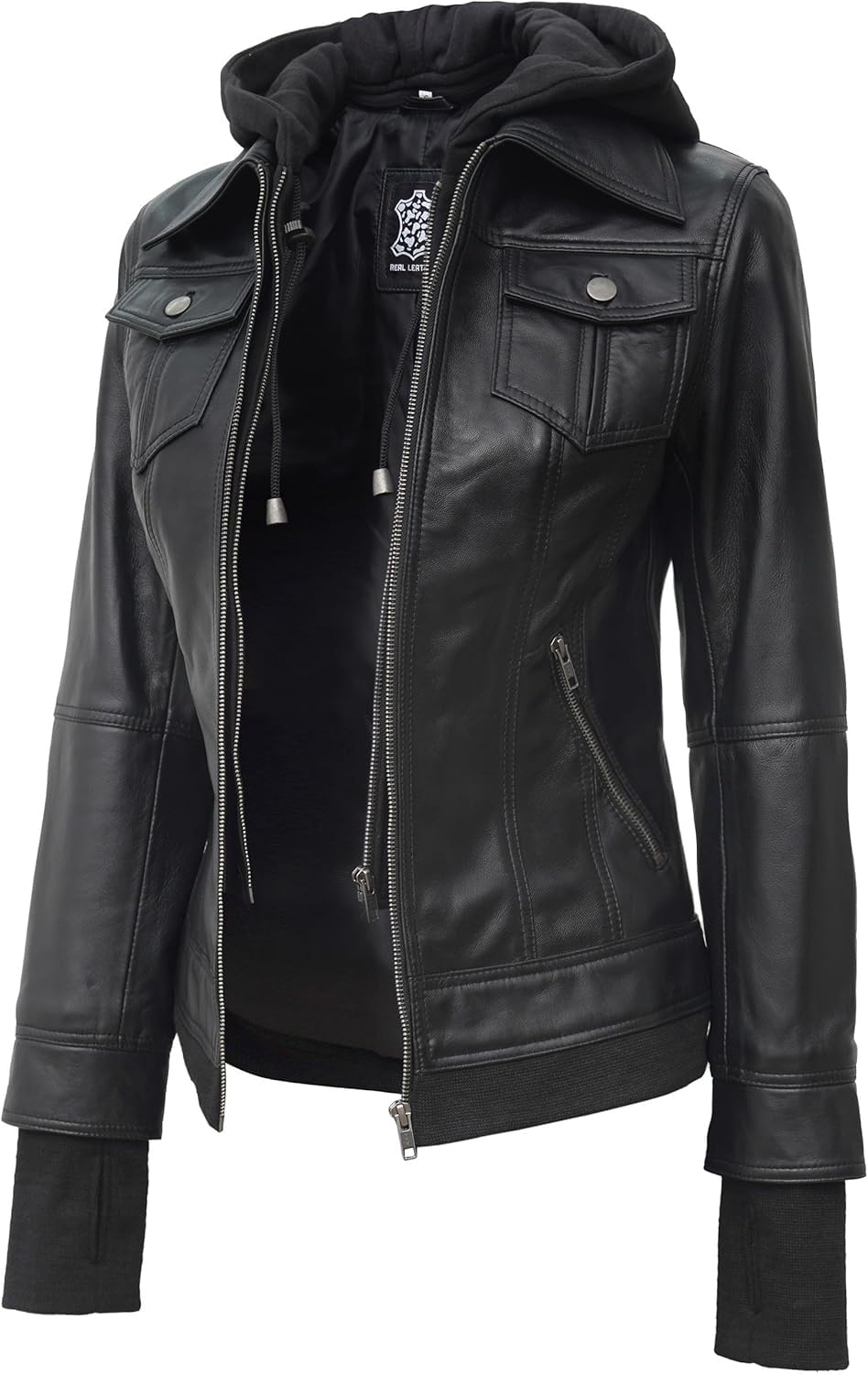 Blingsoul Womens Leather Jacket with Detachable Hood - Real Lambskin Bomber Jack