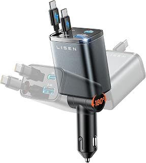 LISEN Retractable Car Charger USB C Fast Charge for iPhone 18 17 Pro Max | [Upgraded 4 in 1 Dual Type-C Cables] 84W Car Phone Charger Cigarette Lighter Adapter for Galaxy,Car Accessories for men women
