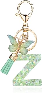 Fashion Alphabet Initial Alphabet Keychain Tassel Green Butterfly Pendant Keyring Purse Handbag for Women Girls