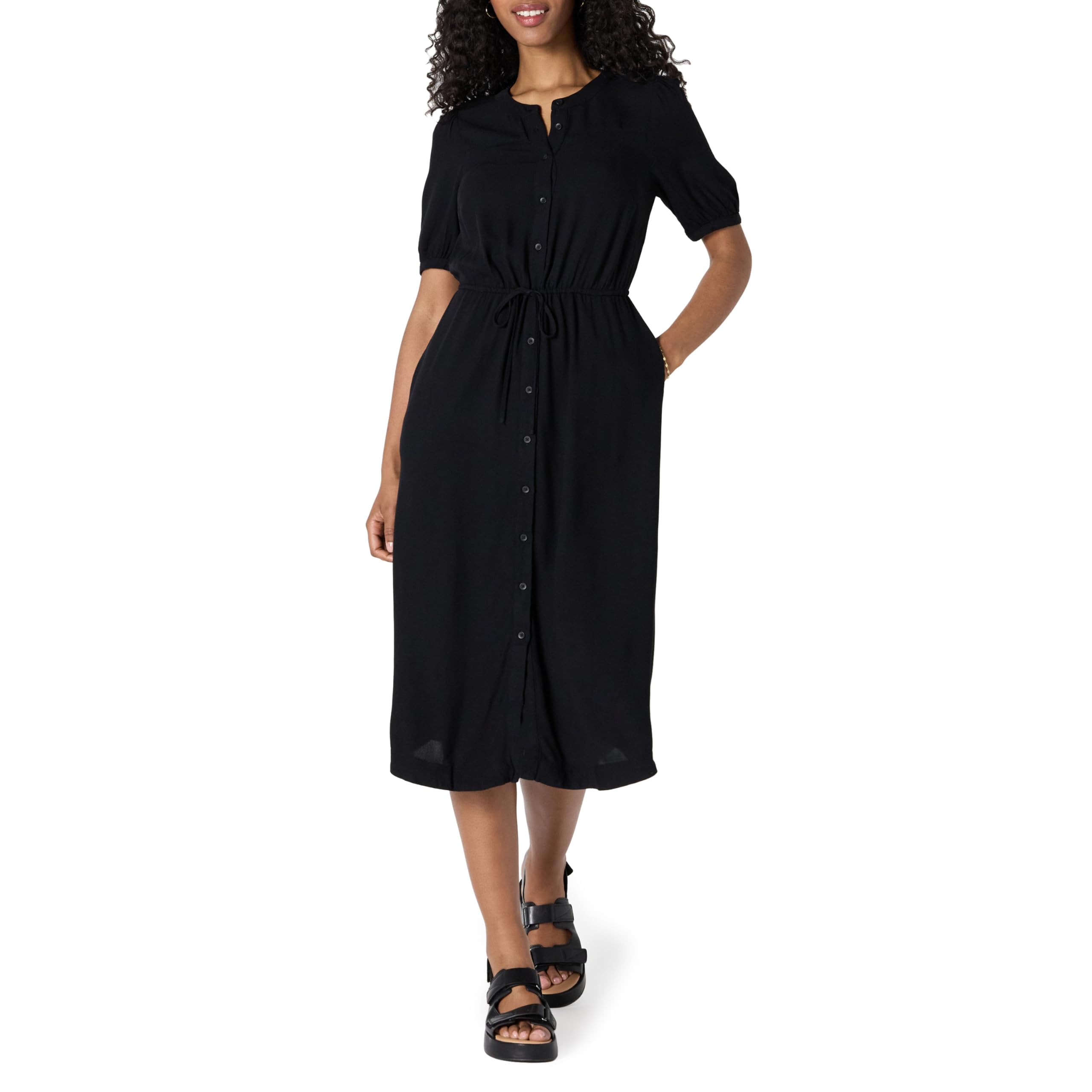 Amazon Essentials Women's Loose-Fit Waist Half Sleeve Midi Shirt Dress with Pock