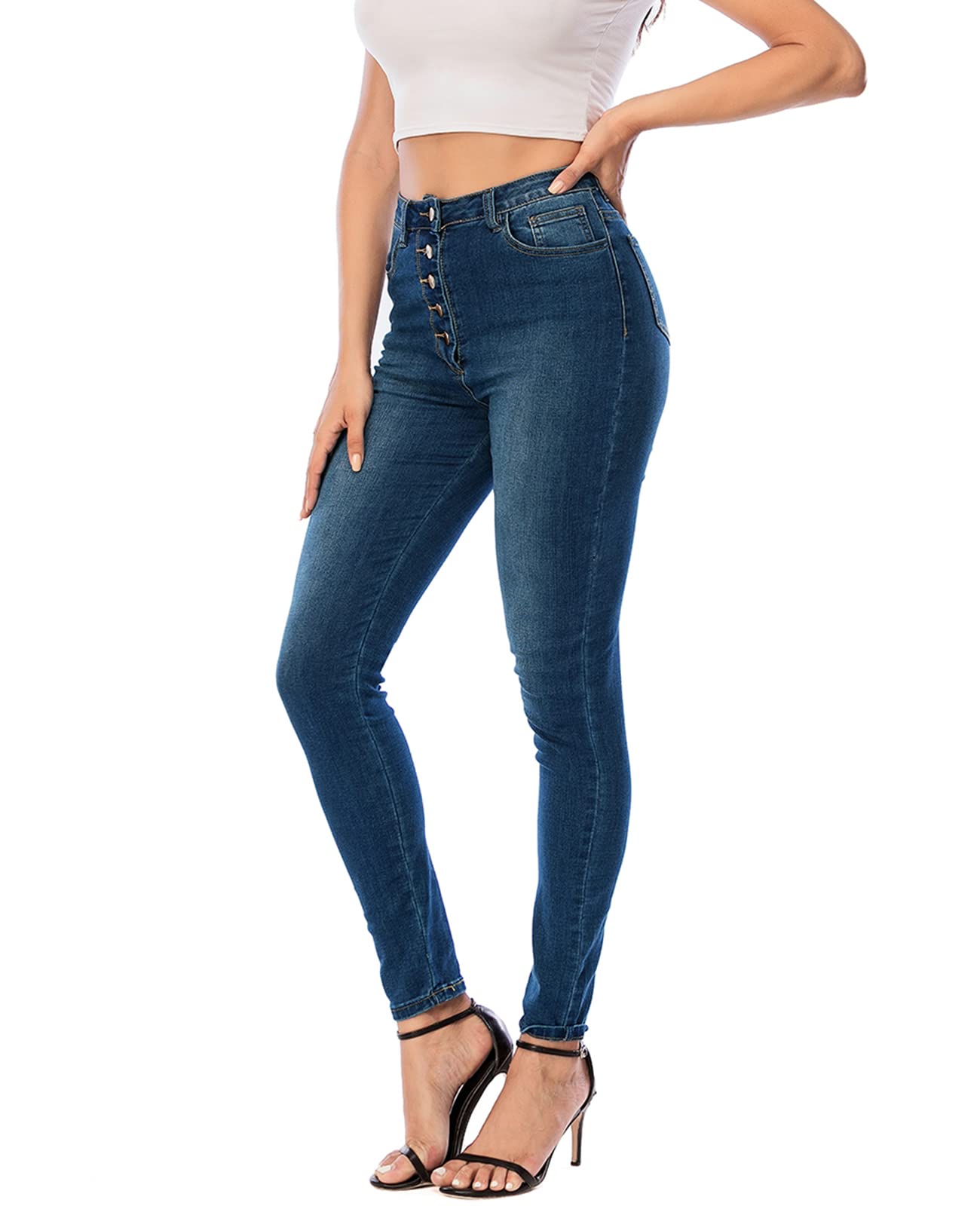 Ecupper Damen Fit Stretch Jeans Slim High Waist mit 5 Knopf