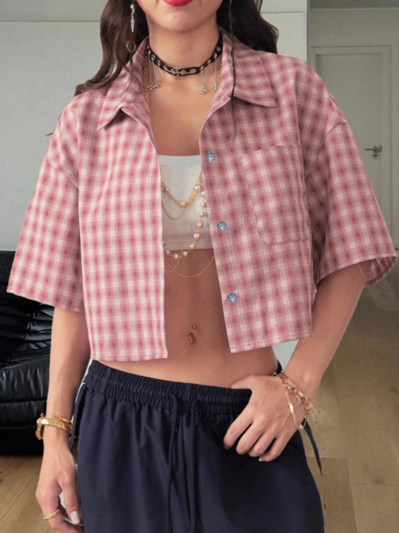 Women Short Shirt Button Down Collar Plaid Shirt Half Sleeve Summer Urban Holida