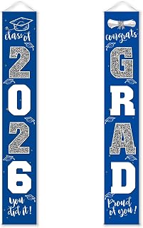 Graduation Decorations Class of 2026 | Congrats Grad Banner - Porch Sign Blue Silver | Grad Party Decorations Graduates Party Supplies
