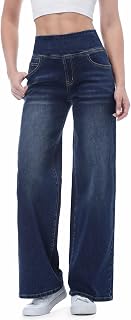 Pull on Wide Leg Jeans for Women, High Waisted Stretchy Baggy Trendy Tummy Control Straight Leg Jeans Denim Pants