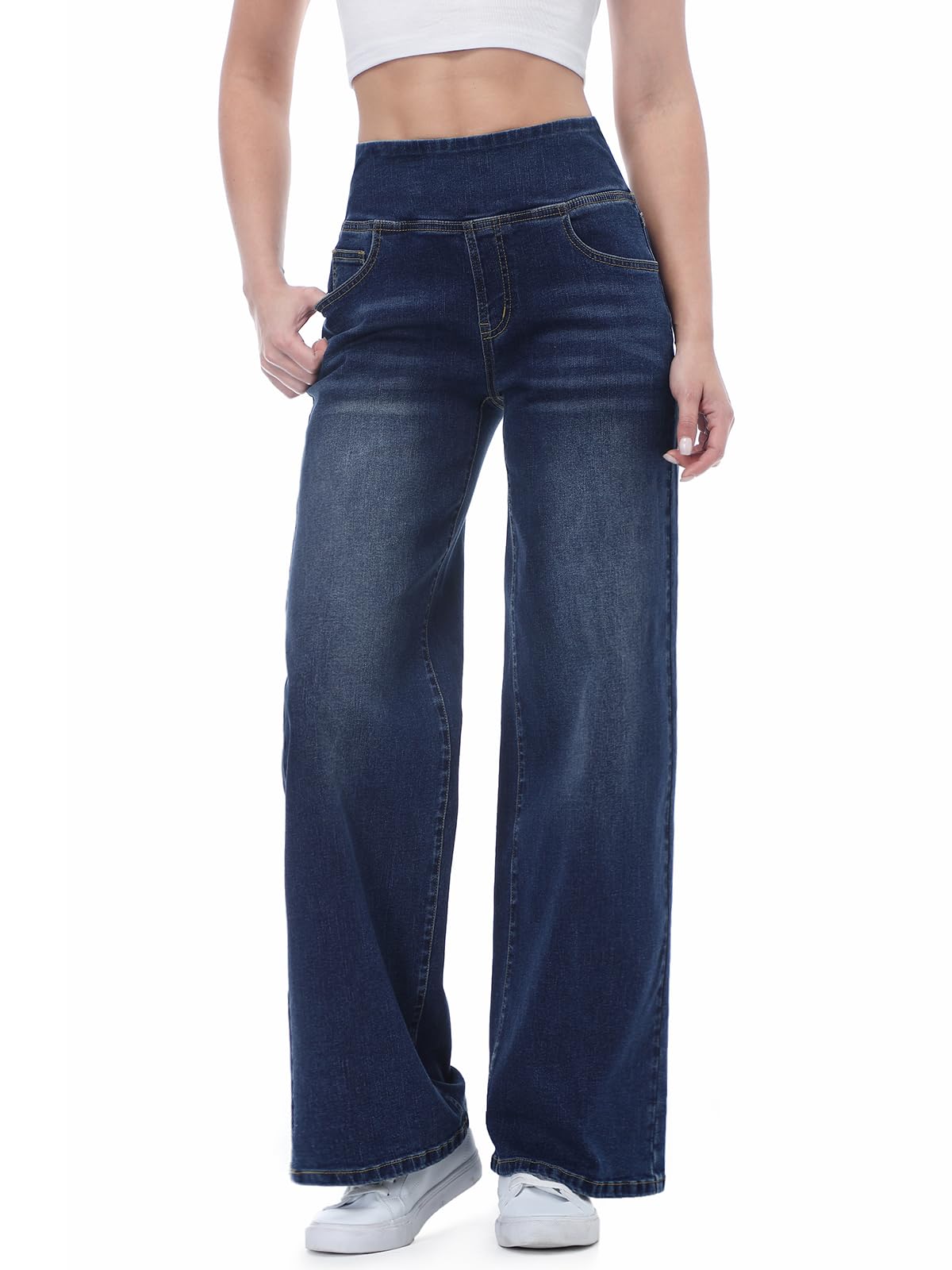 Pull on Wide Leg Jeans for Women, High Waisted Stretchy Baggy Trendy Tummy Contr