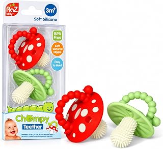 RaZbaby Soft Silicone Infant &amp; Baby 3M+ Teether Toy Massaging Bristles Teething Relief Pacifier - Soothes Sore Gums - Hands-Free &amp; Easy-to-Hold Chompy Teether, BPA Free (RED/Green)