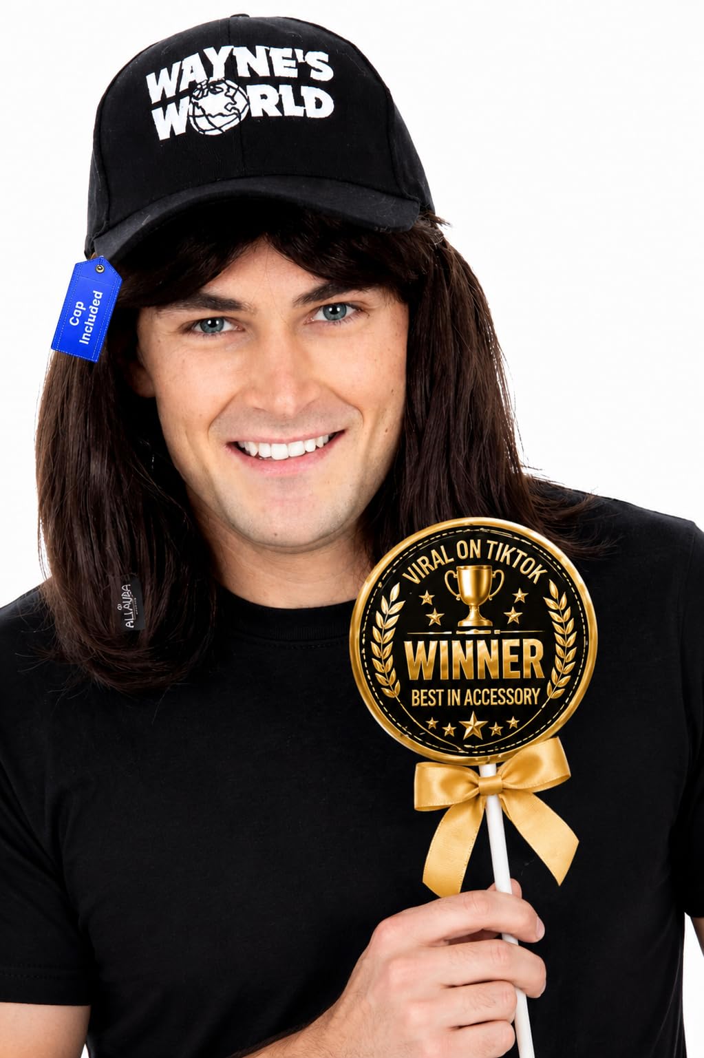 ALLAURA Compatible with Wayne’s World Wig and Hat – Black Mullet Wig with Wayne’