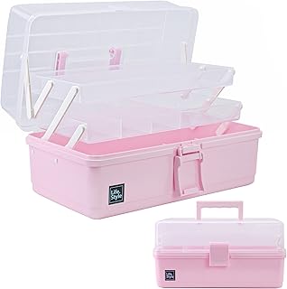 Creahaus 34cm Art Craft Organizer Storage Box with 3 Layers, Multifunctional Plastic Tool Box with Handle for Sewing, Makeup, Medicine, Nail, Hair Accessories (Pink)