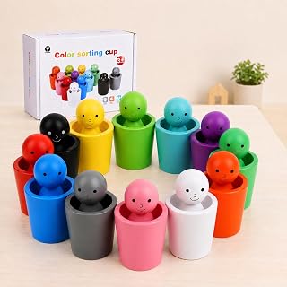 Azazaza Wooden Montessori Toys for Toddlers, Color Sorting Cups & Peg Dolls | Montessori Wooden Sorting Cups for Kids, Develops Color Recognition, Fine Motor Skills, Sensory Learning And Creativity