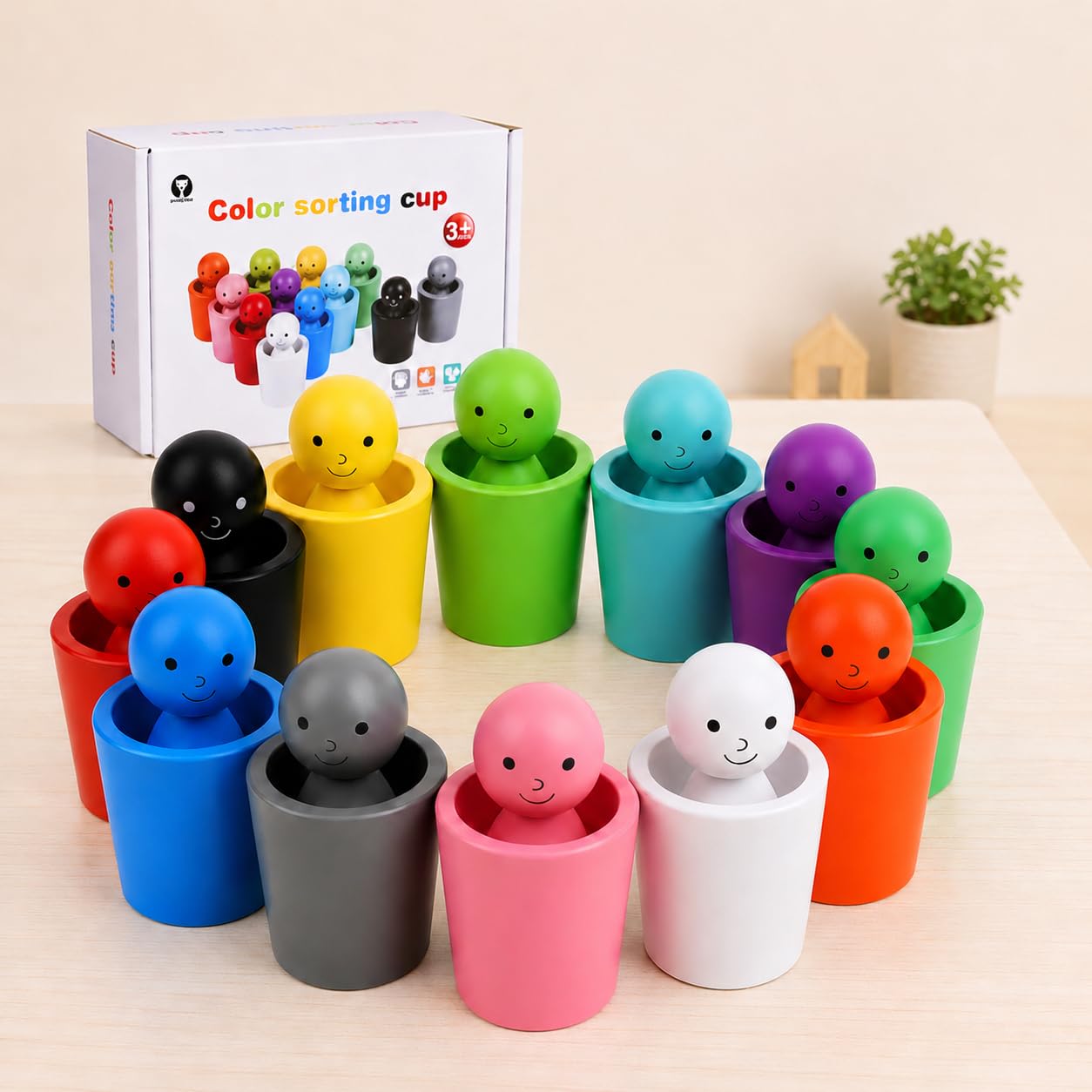 Azazaza Wooden Montessori Toys for Toddlers, Color Sorting Cups & Peg Dolls | Mo
