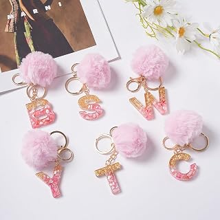 Initial Letter Keychain for Girls Cute Pink Flower Resin Alphabet Keychain Sequins Flower Bag Charms
