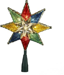 Kurt Adler 10-Light 8-Point Star Christmas Treetop, 8-Inch, Multi-Colored | Red, Green, Blue & Yellow Accents, 10 Incandescent Lights, Layered Star Design, 30in Lead Wire, Spare Bulbs & Fuse