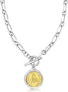 Ross-Simons Italian Sterling Silver and 18kt Gold Over Sterling Double-Sided Replica Lira Coin Paper Clip Link Toggle Necklace
