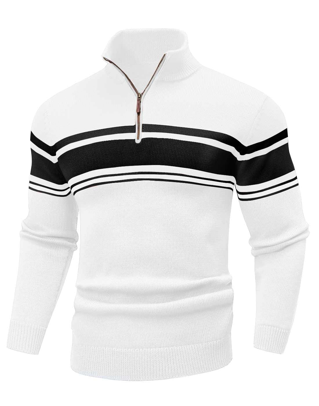 Wizoat Mens Sweater Quarter Zip Sweater Striped Fall Winter Polo Pullovers