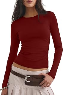 Darong Womens Long Sleeve Basic Shirt Crew Neck Ruched Fitted Fall Tops