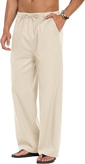 COOFANDY Men Linen Pants Casual Elastic Waist Drawstring Pants Summer Beach