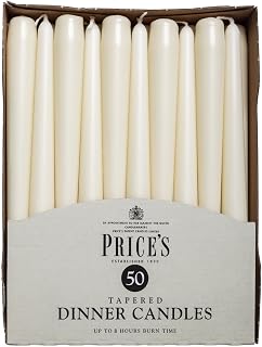 Price's Candles Ivory Tapered Dinner Candles Pack of 50 | Unscented, up to 7 hours burn, clean-burning ivory wax, ideal for weddings, dining, events and home décor