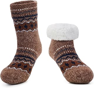 LEMZONE Men's Warm Slipper Socks Non Slip Thick Fleece Grip Cabin Socks
