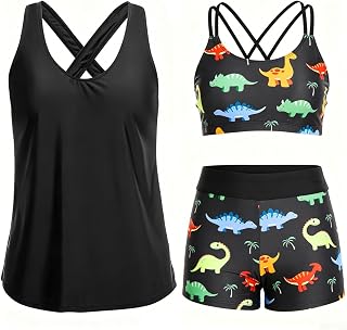 Holipick 3 Piece Tankini Swimsuit for Women Tummy Control Bathing Suit Tank Top with Bra Boys Shorts Teen Swimwear