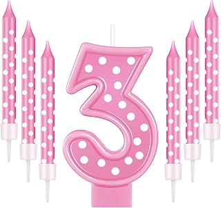 Amylove Pink Number 3 Birthday Candle Set for Girls - 3" Number Candle with 6 Polka Dot Candles, Cute Pink Princess & Cartoon Theme Cake Topper for Girl Birthday Party Decorations