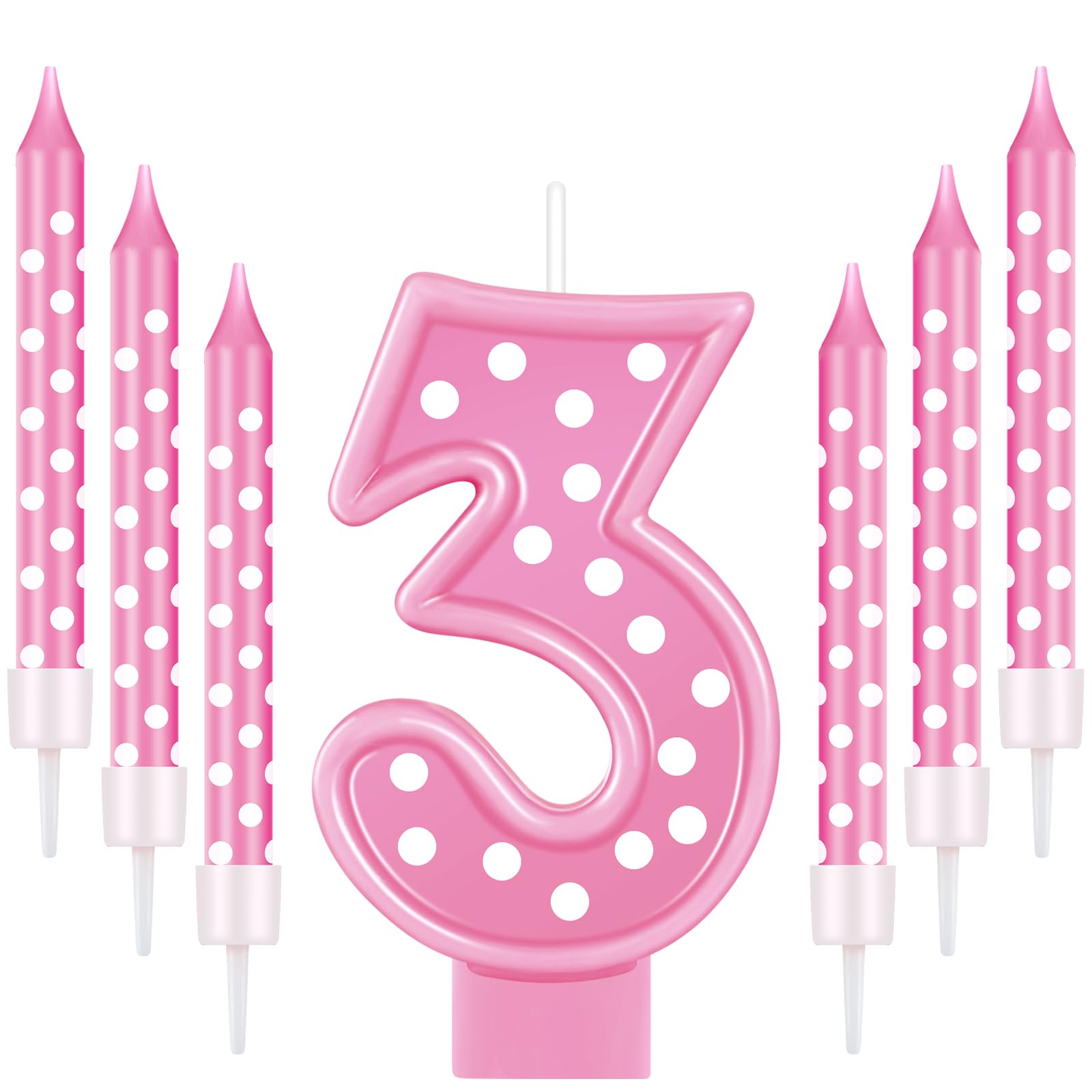 Amylove Pink Number 3 Birthday Candle Set for Girls - 3" Number Candle with 6 Po