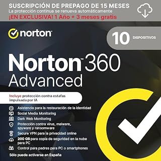 Norton 360 Advanced 2026 │ 10 Dispositivos │ 15 meses renovación automática │ Social Media, Dark Web Monitoring y VPN │ Código por email