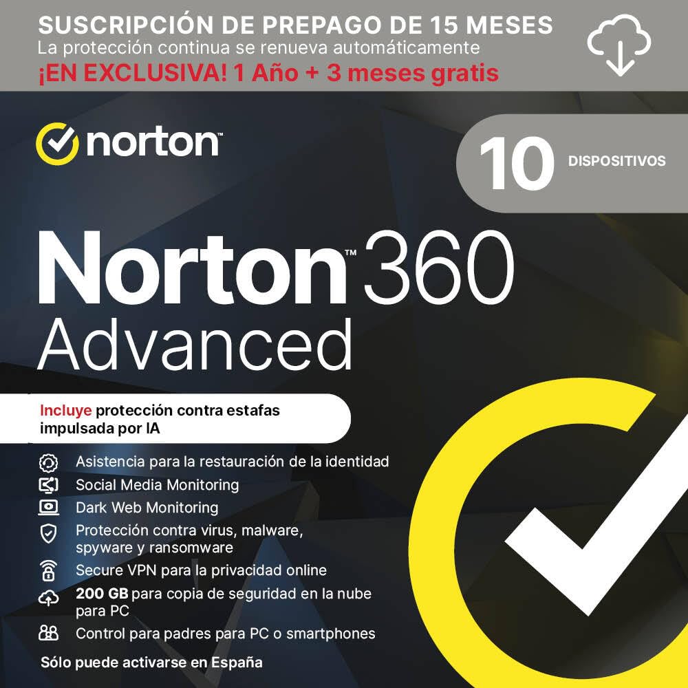 Norton 360 Advanced 2026 │ 10 Dispositivos │ 15 meses renovación automática │ So