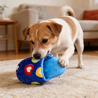 Dog Toys Pets, Heart Pattern Plush Slippers Dog Toy, Soft Squishy Pet Chew Toy for Puppy Small Medium Dogs, Relieve Teething and Boredom (Blue)