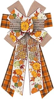Big Autumn Wreath Bow Thanksgiving Fall Bow for Wreath Brown Pumpkin Buffalo Plaid Burlap Decor Thanksgiving Fall Front Door Indoor Outdoor Tree Topper Decoration Supplies