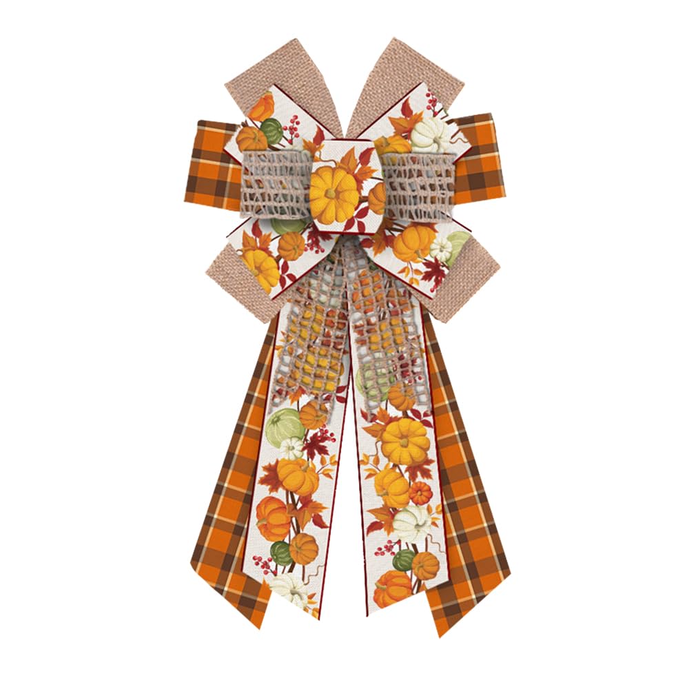 Big Autumn Wreath Bow Thanksgiving Fall Bow for Wreath Brown Pumpkin Buffalo Pla