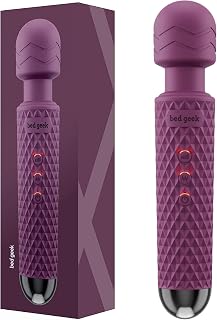 bed geek Handheld Cordless Personal Wand Massager – Waterproof, USB Rechargeable, 20 Vibration Patterns, 8 Speeds, Memory Feature, Skin-Soft Silicone for Ultimate Relaxation Tool (Purple)