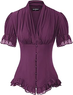 SCARLET DARKNESS Women Victorian Short Sleeve Shirt Button Down Blouse Shirts Dressy Top