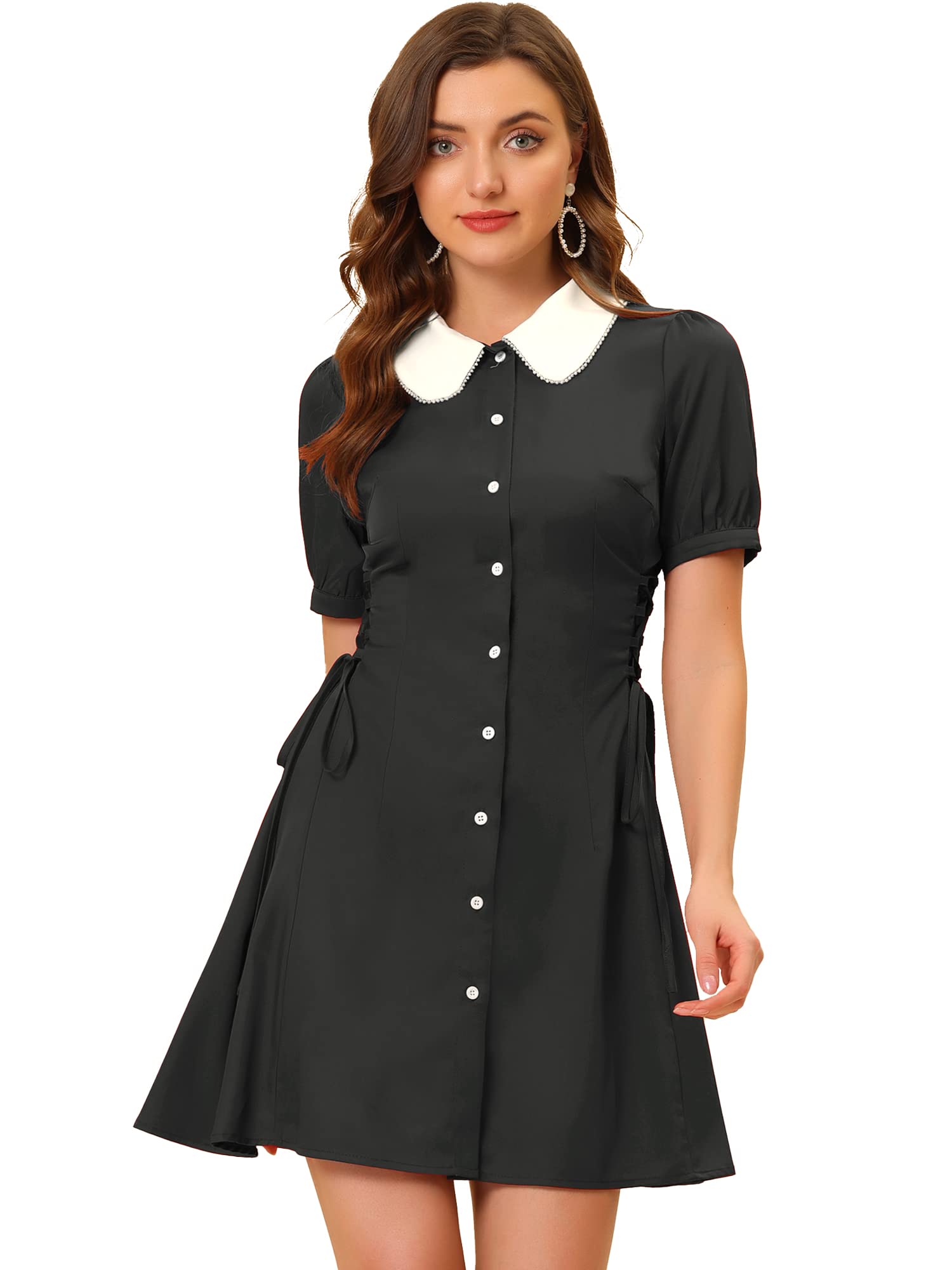 Allegra K Women's Vintage Peter Pan Collar Lace Up Waist A Line Dress